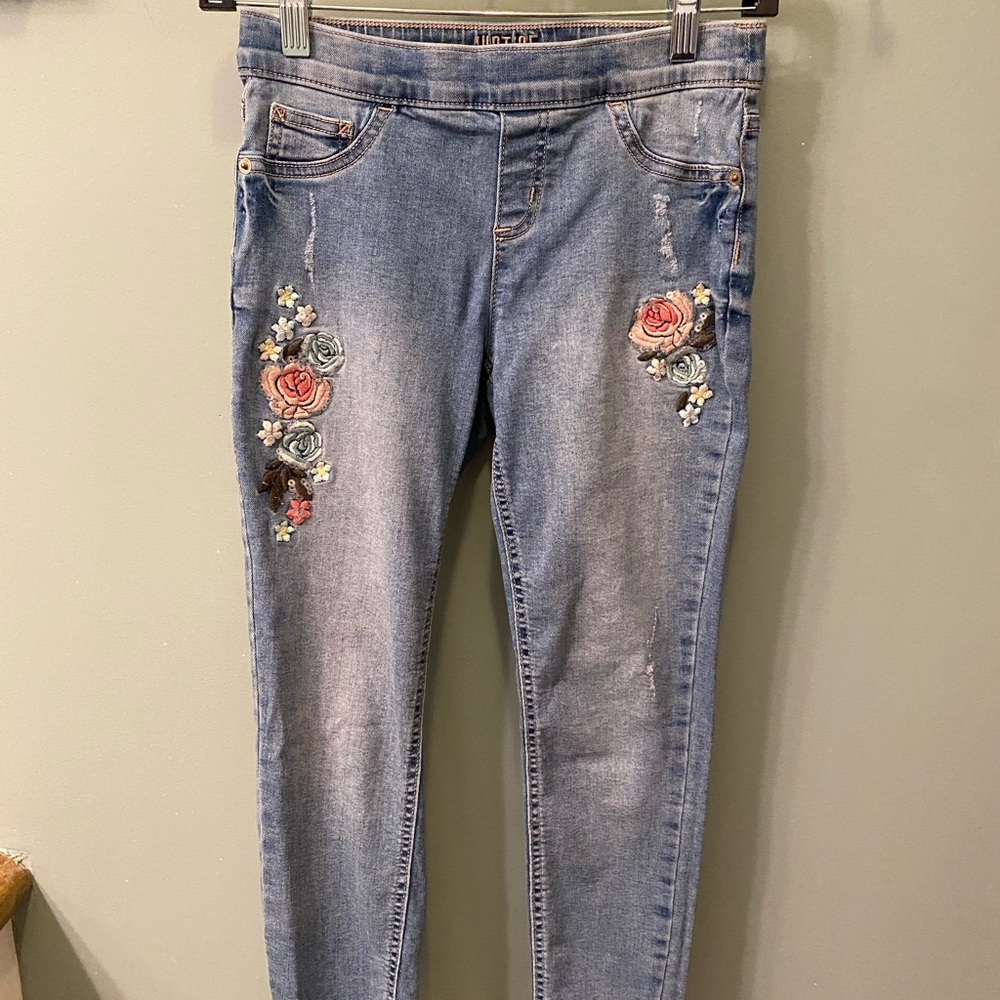 Girls justice skinny jeans with rose detail